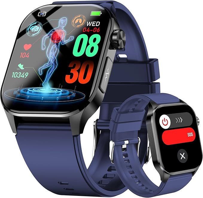 Advanced Health Smartwatch for Women Men with Real-Time Monitoring of Heart Rate, Blood Oxygen, Body Temperature, Blood Pressure, Sleep Auality and Stress Levels (Blue)
