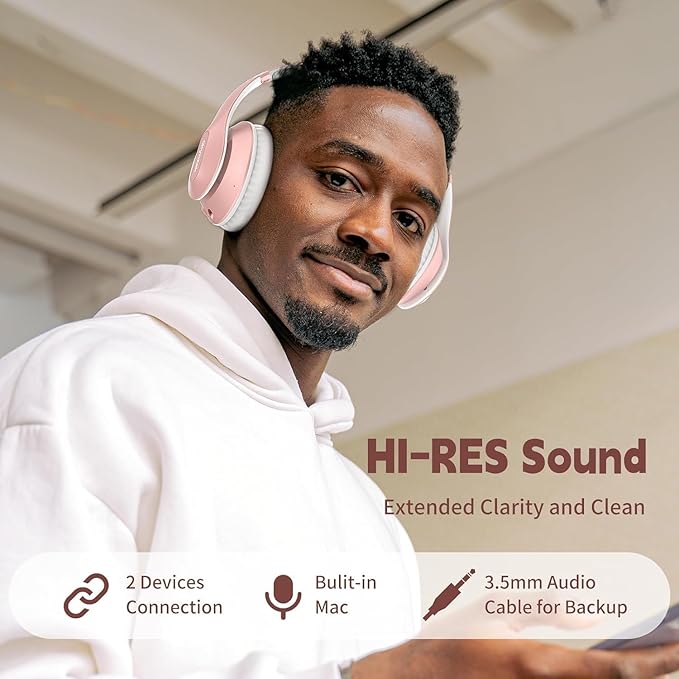 Wireless Bluetooth Headphones Over Ear 65H Playtime HiFi Stereo Headset with Microphone and 6EQ Modes Foldable Bluetooth V6.0 Headphones for Travel Smartphone Computer Laptop Rose Gold