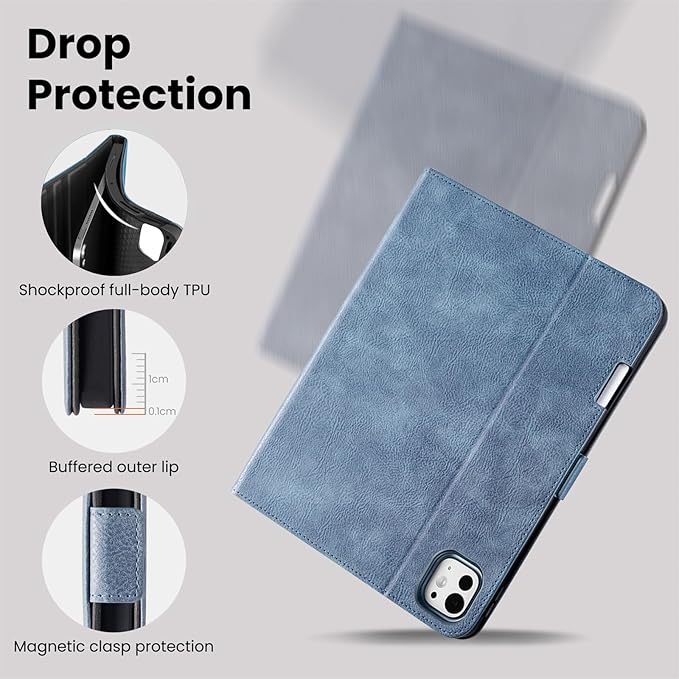 Handmade Case for iPad Pro 11 Inch (M5/M4) 2025/2024 with Pencil Holder Pocket,Magnetic Closure,Auto Sleep/Wake,Vegan Leather Folio Protective Cover,Multi Angles Stand,Light Blue