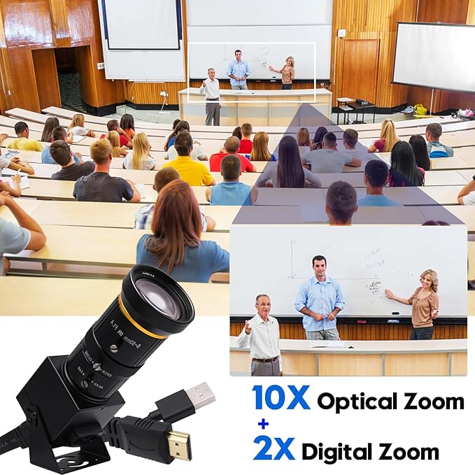SVPRO HDMI USB Camera 4K 60fps USB3.0 Streaming Webcam with Zoom 5-50mm Telephoto Lens,10X Optical Zoom Industrial Microscope Camera H.264 Video Camera for Computer,Raspberry Pi,Monitor