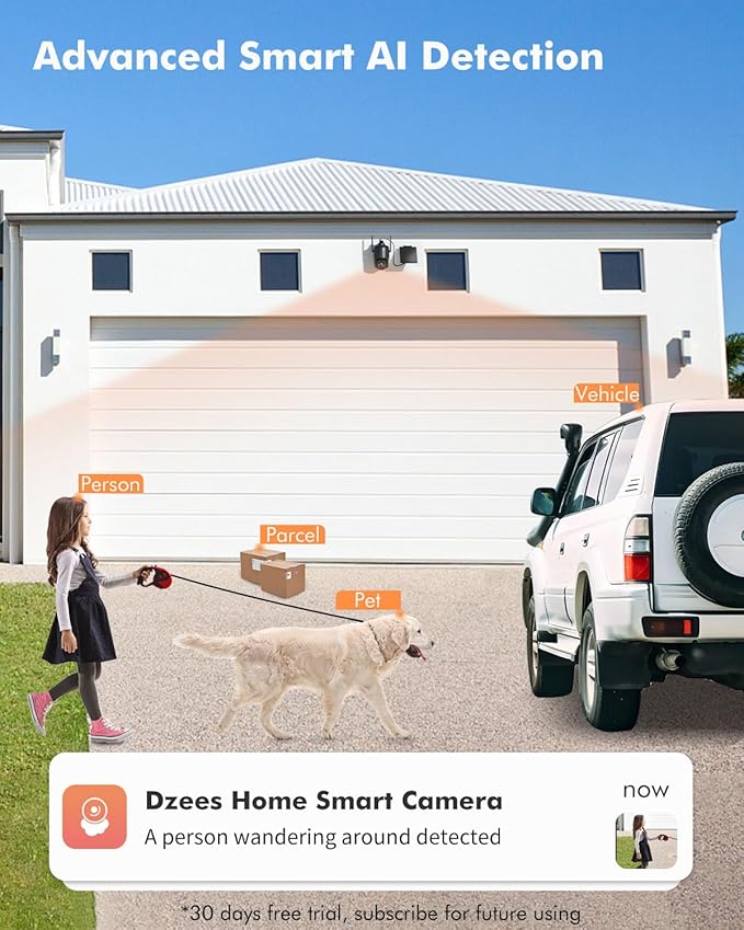 Dzees Security Cameras Wireless Outdoor, 2K Pan/Tilt 360° View Solar/Battery Powered WiFi Cameras for Home Security with AI Motion Detection,Color Night Vision, 2-Way Audio, SD/Cloud Storage 2 Pack
