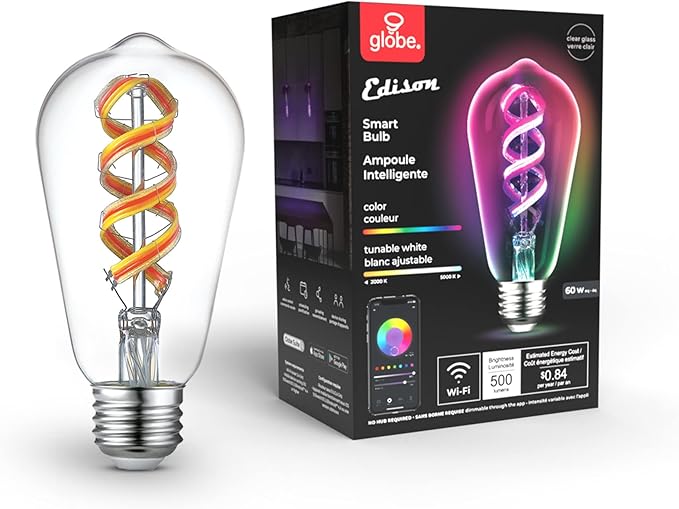 Globe Electric 35847 Wi-Fi Smart 7W (60W Equivalent) Spiral Filament Multicolor Changing RGB Tunable White Clear LED Light Bulb, No Hub Required, Voice Activated, 2000K - 5000K, ST19 Shape, E26 Base