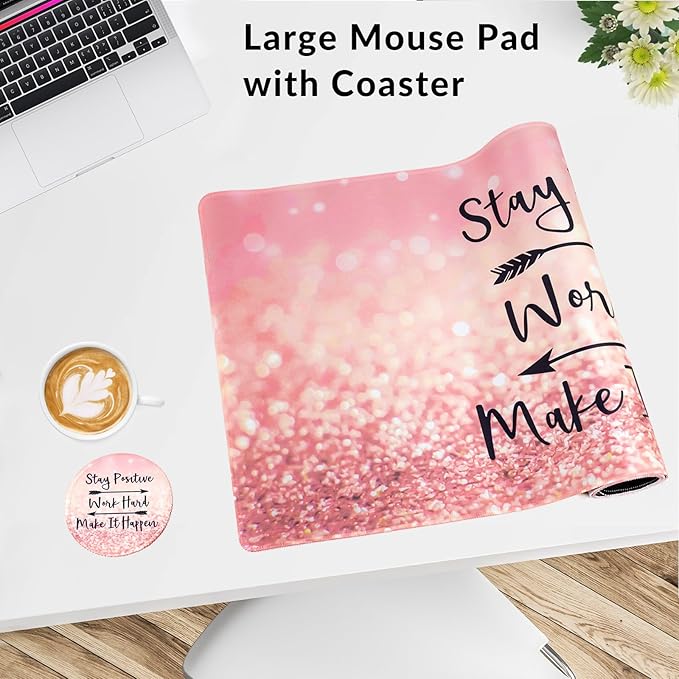 Large Gaming Mouse Pad with Coaster, Desk Matt for Desktop, Desk Pad, Mouse Pads Mat, Stitched Edges Big Extended Mousepad for Computer Keyboard Laptop Office Decor, 31.5'' x15.6''-Pink Words