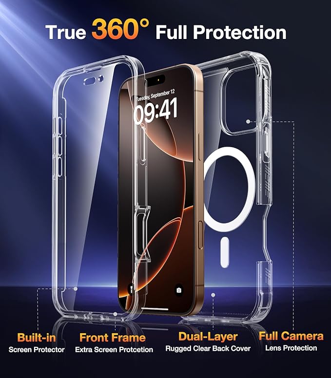 Diaclara Magnetic Designed for iPhone 16 Pro Case, Full Body Rugged with Touch Sensitive Anti-Scratch Screen Protector, Compatible with MagSafe, Soft Bumper Case for iPhone 16 Pro 6.3'', Clear
