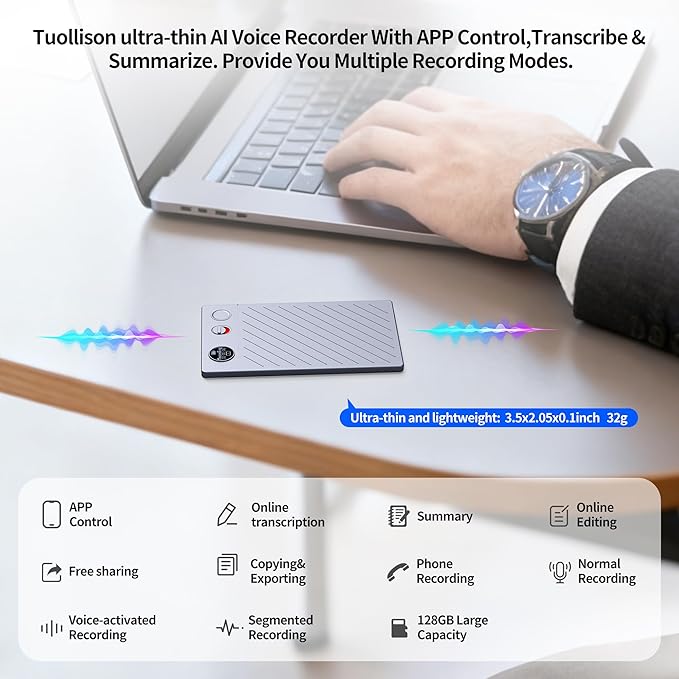 2026 Upgraded 128GB（9860 Hours） AI Voice Recorder with APP Control, Transcribe & Summarize, Note Voice Recorder Support DSP Noise Cancellation, Audio Recorder for Lectures, Meetings, Calls, Grey