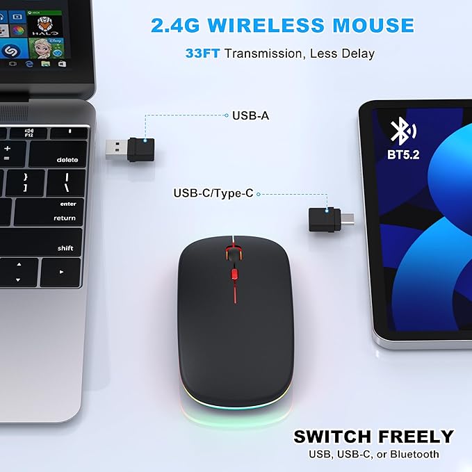 Bluetooth Wireless Mouse for MacBook Air Mac Pro iPad ,LED Rechargeable Silent Mouse with 2.4GHz USB-A/USB-C Receiver & Mouse Jiggler, Compatible with Laptop MacBook IPad Mac Tablet PC- Matte Black