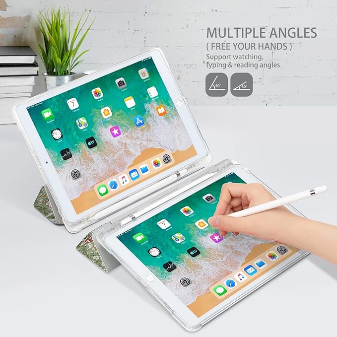 Case for iPad 9th/8th/7th Generation, Case for iPad 9th Generation 10.2 Inch with Pencil Holder, cases for iPad 8th Generation Tri-fold Cover Multi-Angle View Adjustable Stand Auto Wake/Sleep, Flowers