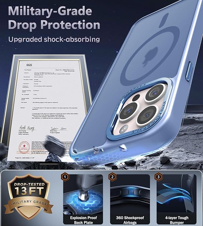 Newfuture Magnetic for iPhone 15 Pro Case [Compatible with Magsafe] [Military Grade Drop Protection] Translucent Matte Anti-Fingerprint Shockproof Phone Case for iPhone 15 Pro 6.1 inch, Light Blue