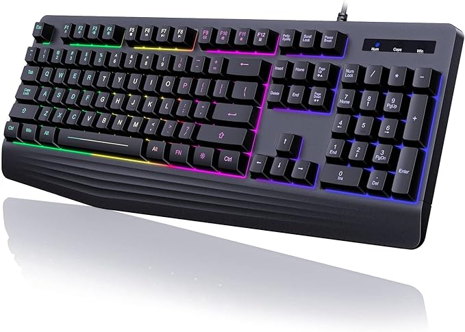 yesbeaut Gaming Keyboard, 7-Color Rainbow LED Backlit, 104 Keys Quiet Light Up Keyboard, Wrist Rest, Whisper Silent, Anti-ghosting Multimedia Keys, Waterproof USB Wired Keyboard for PC Mac Xbox