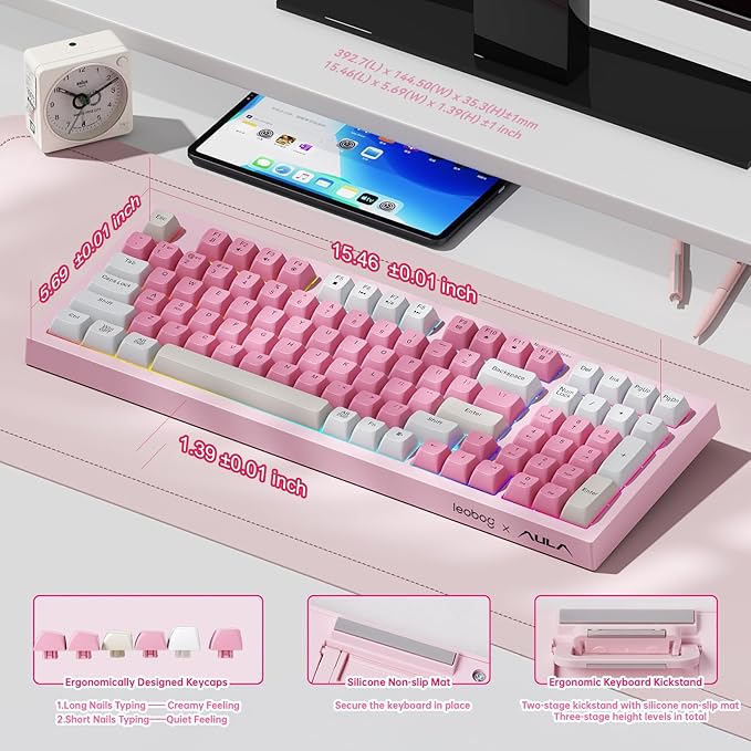 Aula Pink Keyboard, Wireless Gaming Keyboard Bluetooth Computer Keyboards Creamy Color Cute Quiet Keyboard with Number Pad RGB Backlit Tri-Mode BT/2.4GHz/USB-C - K99