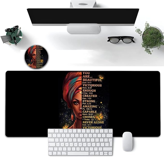 Large Mouse Pad, 31.5 x 11.8in Extended Gaming Mouse Pad with Stitched Edges,XXL Mousepad Protector Non Slip Rubber Base for Office Home Writing Mat, African American Women Black Girl Black Desk Mat