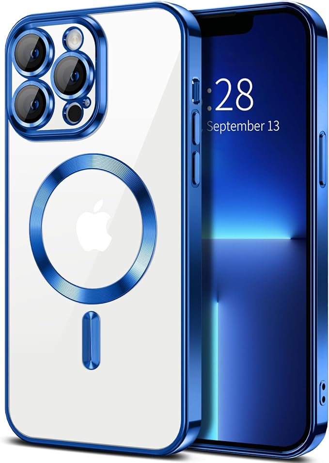 Hython Magnetic Clear for iPhone 13 Pro Max Case with Camera Lens Protector [Compatible with MagSafe] Plating Edge Slim Soft TPU Cover Protective Phone Case for iPhone 13 Pro Max 6.7", Deep Blue