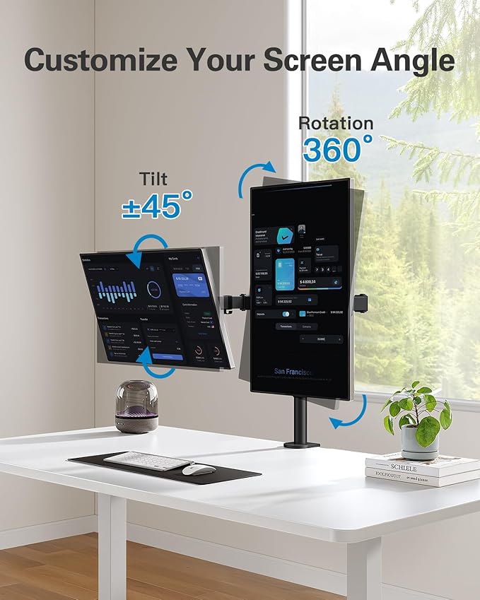 HUANUO Dual Monitor Mount up to 32 Inch Screens, Heavy-Duty Steel Dual Monitor Stand, Full Motion Adjustable Arm with Tilt, Swivel, Rotate, Holds up to 17.6 lbs per Arm, VESA 75/100mm