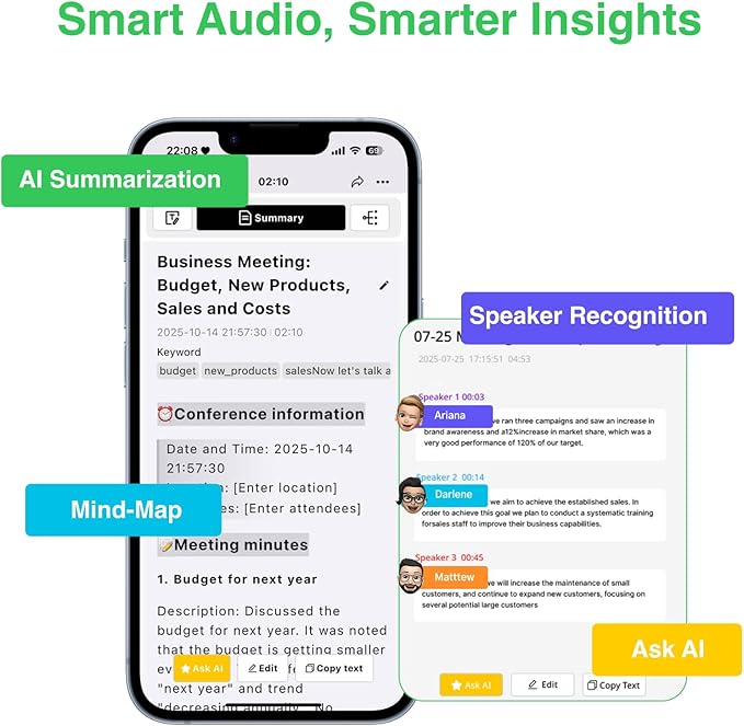 AI Voice Recorder, Note Pro Voice Recorder with Live Transcription Display,AI Transcribe & Summarize, APP Control,Supports 250 Languages, Note Taker for Meetings,Calls,Case Included