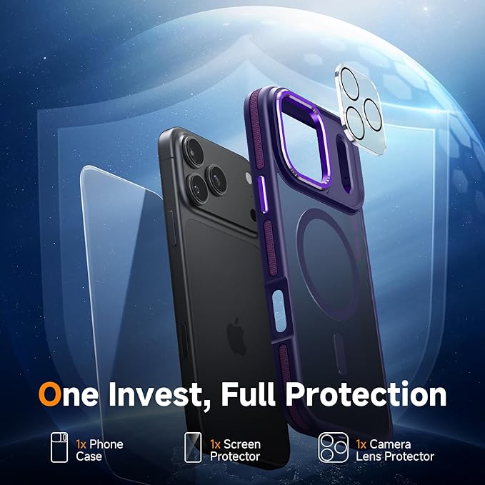 Magnetic 3 in 1 for iPhone 17 Pro Max Case, [Omni-Directional Protection] with 1x Screen Protector + 1x Camera Cover, [Seamless Work with Magsafe] Protective Silm Case for iPhone 17 Pro Max Purple