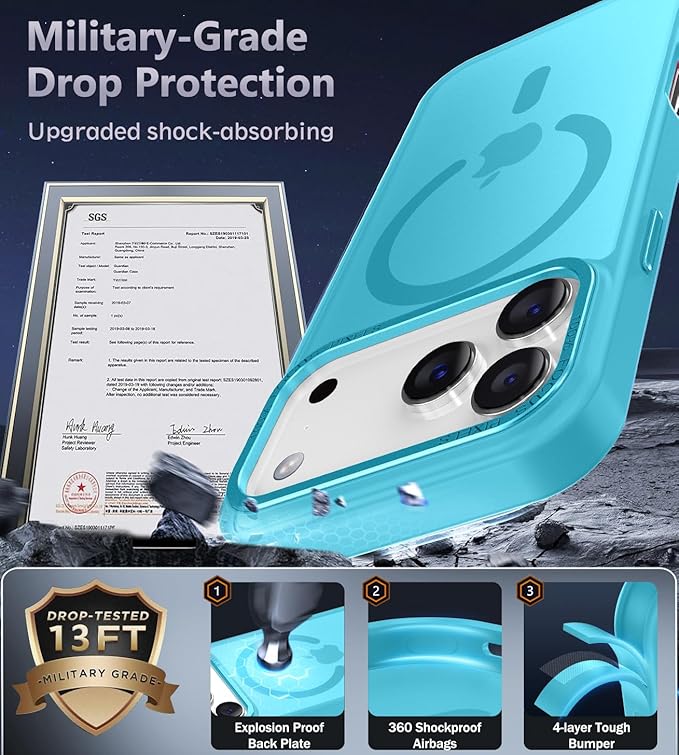 Newfuture Magnetic for iPhone 17 Pro Case [Compatible with Magsafe] [Military Grade Drop Protection] Translucent Matte Anti-Scratch Shockproof Protective Phone Cover 6.3 Inch, Lake Blue