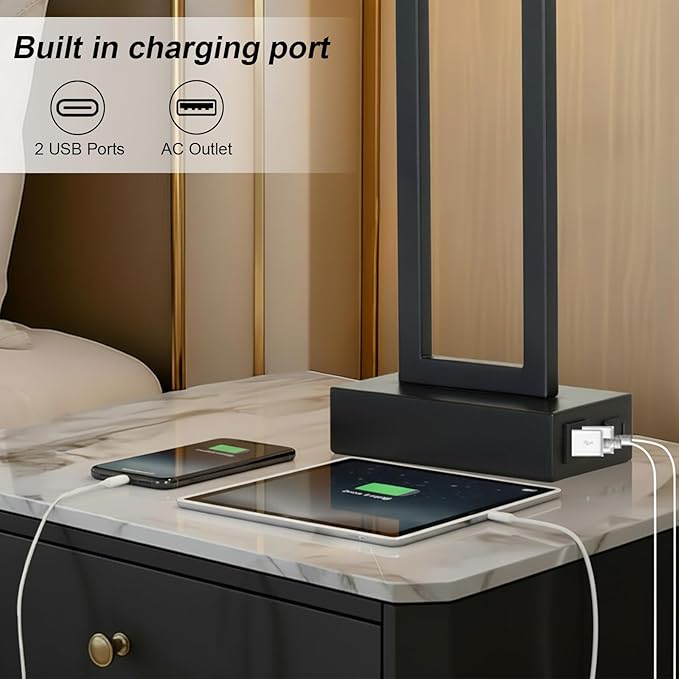 Touch Control Table Lamps with 2 USB Charging Ports & AC Outlets, 23" Tall Modern Nightstand Bedside Lamp for Bedroom, 3-Way Dimmable Metal Table Lamp with Fabric White Shade for Living Room End Table