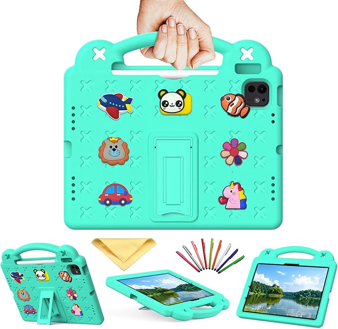 for iPad Air 11 inch Kids Case M3/M2 (2025/2024) & iPad Pro 11 Inch M4 Case 2024 with Pencil Holder/Handle/Kickstand/Cute DIY Soft Shockproof Stand Lightweight Tablet Cover, Mint Green Bear
