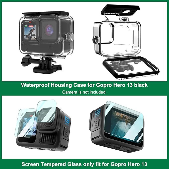 Accessories Kit for Gopro Hero 13 Black Waterproof Housing Silicone Case Glass Screen Protector Bundle for Go pro Gopro13 Hero13 Action Camera