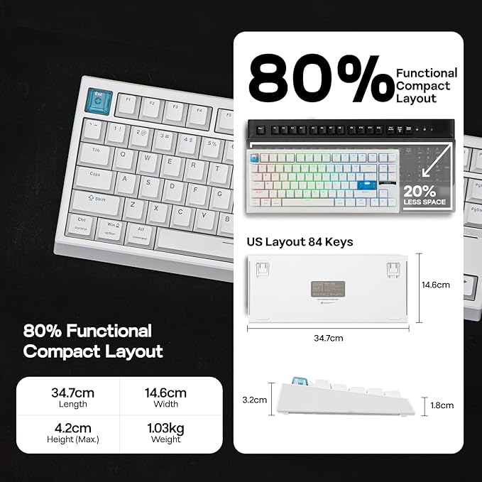 EPOMAKER G84 HE Wireless Hall Effect Keyboard, 8K Polling & 8000mAh, SOCD & DKS, Gaming Keyboard with Fast Trigger & Adjustable Actuation, RGB Backlit, PBT Keycap, Hot-Swap, for Win/Mac (White)
