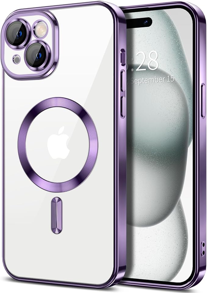 Hython Magnetic Clear for iPhone 15 Case with Camera Lens Protector [Compatible with MagSafe] Luxury Plating Edge Slim Soft TPU Cover Protective Phone Case for iPhone 15 6.1", Deep Purple