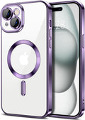 Hython Magnetic Clear for iPhone 15 Case with Camera Lens Protector [Compatible with MagSafe] Luxury Plating Edge Slim Soft TPU Cover Protective Phone Case for iPhone 15 6.1", Deep Purple