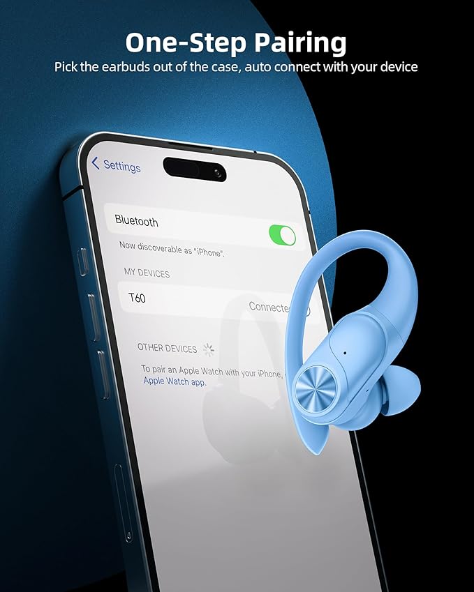 PocBuds Bluetooth Headphones Wireless Earbuds 80hrs Playtime Wireless Charging Case Digital Display Sports Ear Buds with Earhook Deep Bass IPX7 Waterproof Over-Ear Earphones for TV Phone Laptop Blue