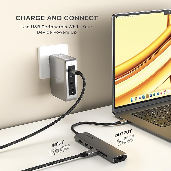 Satechi 7 in 1 USB C Hub Multiport Adapter with Ethernet, HDMI 4K@60Hz, 100W PD Charging, 2X USB-A Data Ports, Micro/SD Card Readers for MacBook Air/Pro/Neo, iPad Air/Pro, Windows - Space Gray