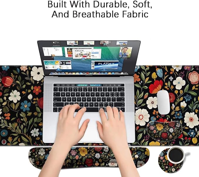 MIBITRI Keyboard Mouse Pad Set, Extended Gaming Mouse Pad+Ergonomics Keyboard Wrist Rest Support, Memory Foam, Easy Typing Pain Relief, 4Pcs XXL Ultra Thick Desk Mat, Red Florals