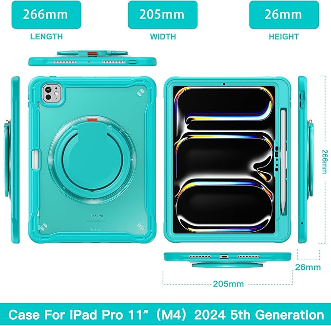 Batianda for iPad Pro 11 inch Case 2025 M5 2024 M4 Chip Lightweight Dual-Layer Protective Tablet Cover, Durable Shock-Absorbing Corners with 360° Rotating Kickstand Ring Built-in Pen Slot, Blue