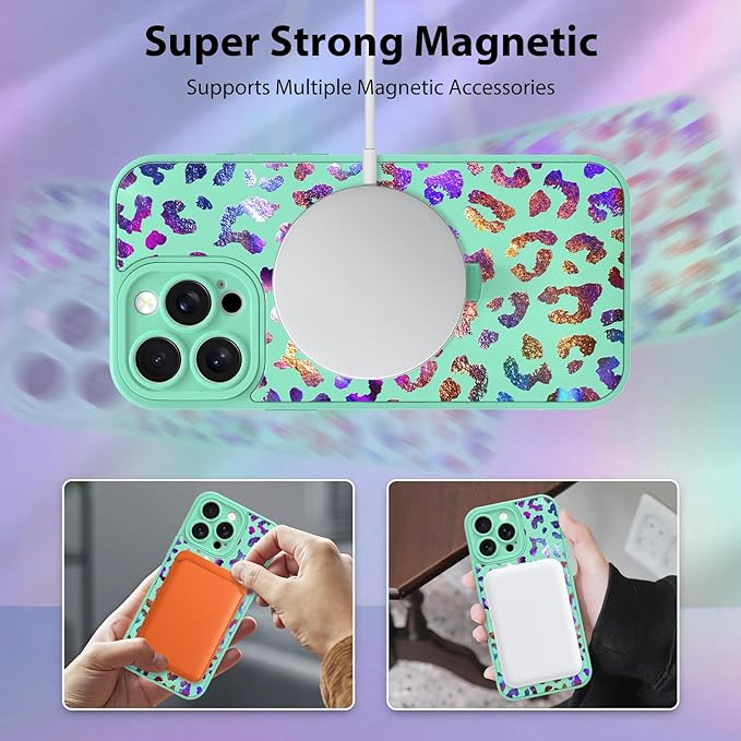 KANGHAR Compatible with iPhone 15 Pro Max Case, Support for MagSafe, Silicone Cute Iridescent Leopard Cheetah Pattern, Wristband Kickstand Shockproof Protective Slim Cover for Women Girls, Green