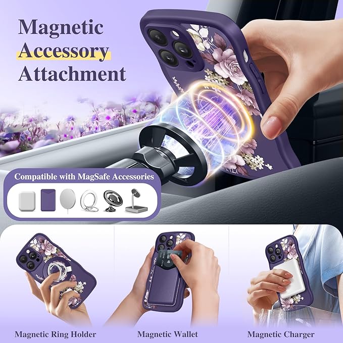 GVIEWIN for iPhone 14 Pro Case Compatible with MagSafe [Curly Wave Edge][Full Camera Protection] Floral Translucent Shockproof Magnetic Women Phone Case for 14 Pro, Cherry Blossoms/Deep Purple