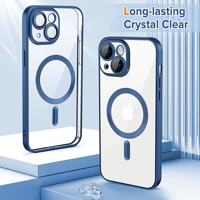 Hython Magnetic Clear for iPhone 15 Plus Case with Camera Lens Protector [Compatible with MagSafe] Luxury Plating Edge Slim Soft TPU Cover Protective Phone Case for iPhone 15 Plus, Matte Deep Blue