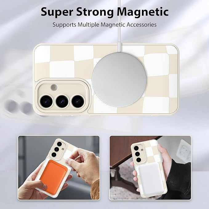 KANGHAR Compatible with Samsung Galaxy S25 Case, Support for MagSafe, Silicone Checkered Cute Pattern, Wristband Kickstand Camera Protection Soft Slim Cover for Girls Women -White