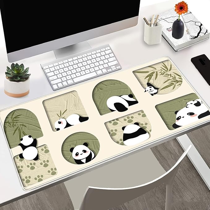 Cute Kawaii Panda Desk Mat Large Beige Mouse Pad XXL Mouse Pad Keyboard Mat, Cute Desk Accessories Office Decor, Extended Mousepad 31.5 X15.7 Non-Slip Rubber Base with Stitched Edges