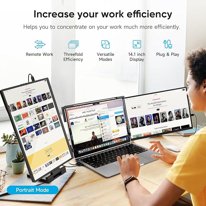 14" Laptop Screen Extender,FHD 1200P IPS Triple Portable Monitor,Dual Travel Screen Plug & Play,Laptop Monitor Extender for 14"-17.3",Compatible with Windows/Mac/Android & Chrome OS