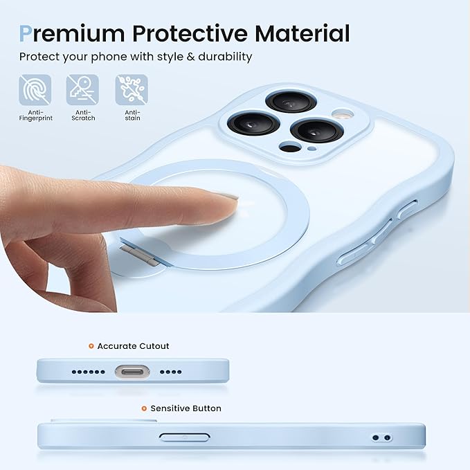 CAPRARO for iPhone 13 Pro Case with 360° Spin Magnetic Stand for Women, [Compatible with MagSafe] [Full Camera Protection] Cute Wave Translucent Matte Case for iPhone 13 Pro, Light Blue