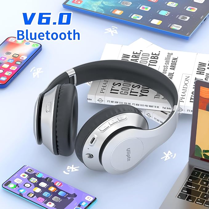 Uliptz Wireless Bluetooth Headphones, 65H Playtime, 6 EQ Sound Modes, HiFi Stereo Over Ear Headphone with Microphone, Foldable Lightweight Bluetooth 6.0 Headphones (Silver)
