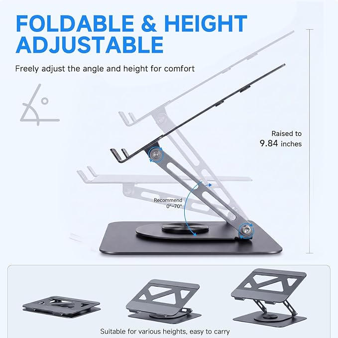 Leeboom Adjustable Laptop Stand for Desk, Ergonomic Height Adjustable Riser, 360° Rotating & Foldable, Ventilated Cooling, Fits Up to 17.3” Laptops (Including Gaming Laptops), Dark Silver