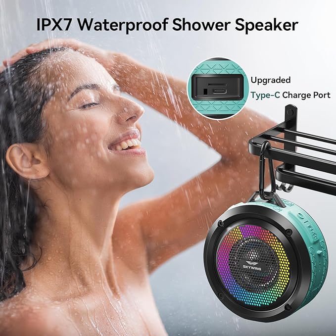 Shower Speaker, Certified IPX7 Waterproof,Portable Bluetooth Speaker with Suction Cup,Hook,Light, Stocking Stuffers, Premium Mini Outdoor Wireless Speaker, Ideal Gift for Christmas (Blue)