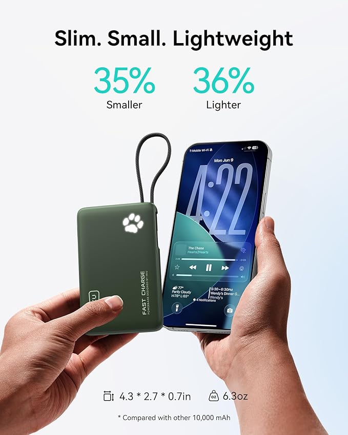 INIU 45W Power Bank, Fast Charging Portable Charger with Built-in USB C Cable, 10000mAh Small Type C Powerbank, Battery Pack for iPhone 17 16 15 14, iPad, Samsung S25 S24 etc Travel Camping, Green