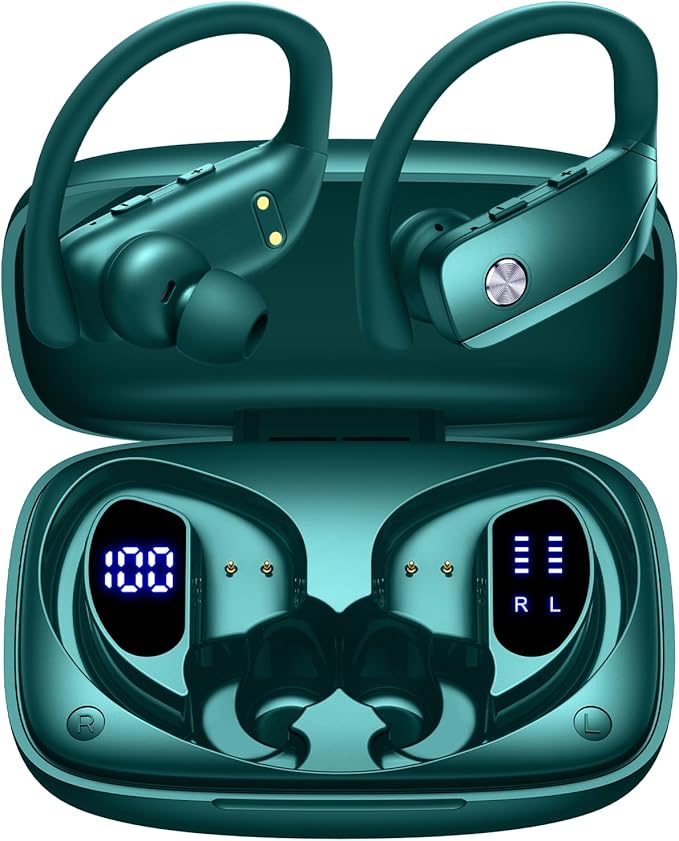 bmanl Wireless Earbuds Bluetooth Headphones Over Ear Hooks Ear Buds with 80H Playtime, LED Power Display, Dual Mic Clear Calls, Sports Wireless Ear Buds Bluetooth Earbuds for Running Gym Workout Green