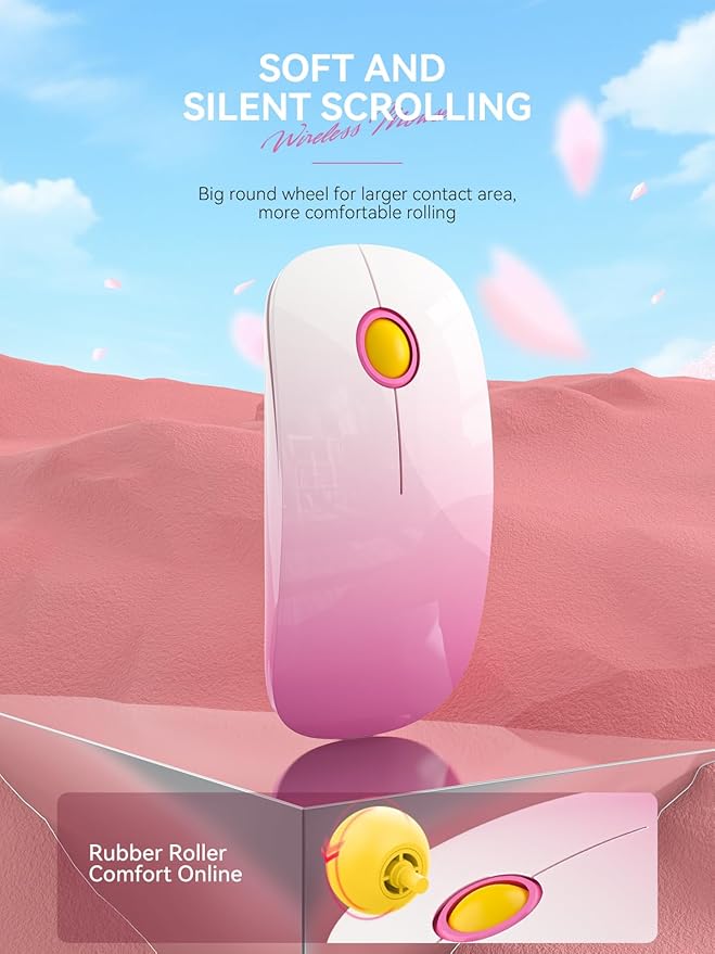 Bluetooth Wireless Mouse - (BT5.1+USB) Slim Dual Mode Computer Mice with Quiet Click, Low Power, and 1600 DPI, Portable Cordless Mouse for MacBook, Laptop, iPad Pro/Air(Gradient Pink)