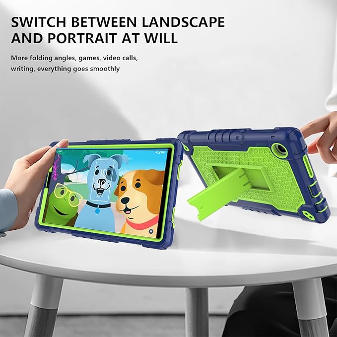 Case for for AT&T Amigo Jr. Tab 8 inch Tablet 9136K - with 2PCS Screen Protector,[Built-in Kickstand] Anti Slip Kids Friendly Shockproof Silicone Protective Cover (Navy/Green+2 PCS Glass)