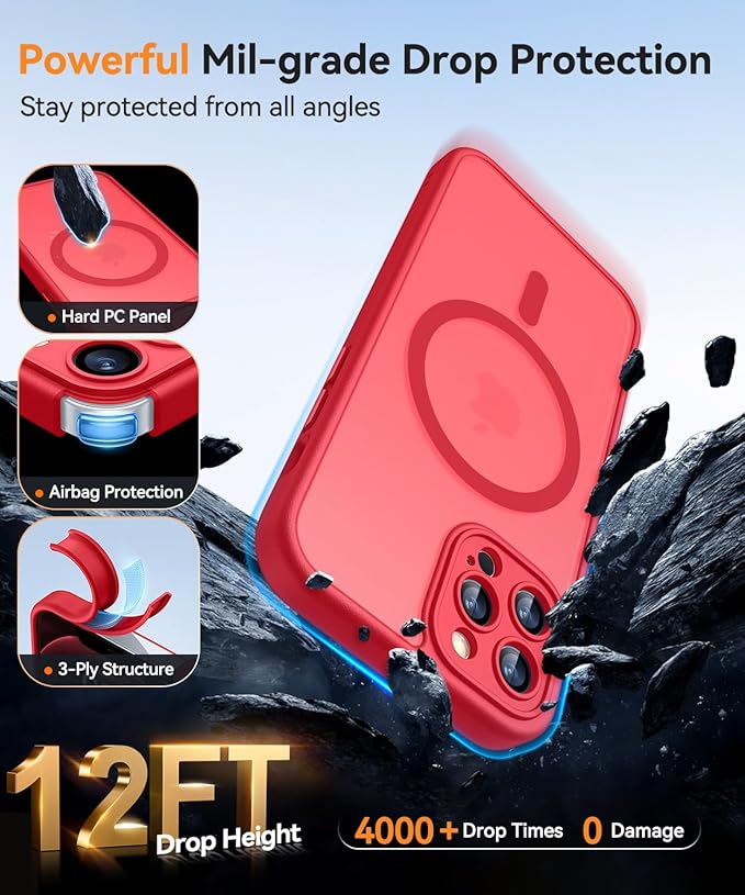 CANSHN Magnetic Compatible with iPhone 12 Pro Case, Upgraded [Full Camera Protection] [Compatible with Magsafe] [Translucent Matte] Shockproof Protective Phone Cover 6.1 Inch - Red