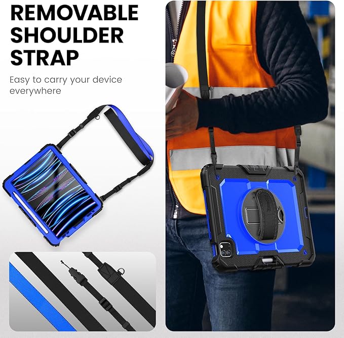 Timecity Case for iPad Pro 11 inch 4th Generation 2022, Shockproof Case with Screen Protector &Pencil Holder+Rotating Stand+Handle for iPad Pro 11 2021/2020/2018 (3rd, 2nd, 1st Gen) - Dark Blue