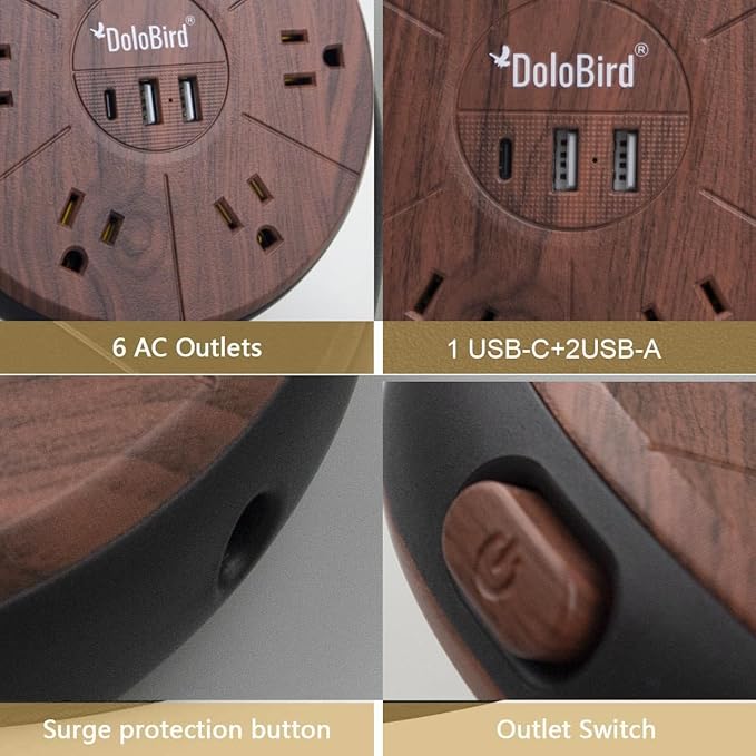Power Strip Surge Protector 6 AC outlets with USB and USB-C PD 20W Fast Charging 15A 1875W high Power Output Widely Spaced Multi outlets Circuit Breaker Safeguard for Home,Office, Dorm Room
