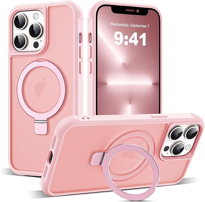SKYLMW Compatible with iPhone 13 Pro Case with Invisible Magnetic O-Ring Stand Military-Grade Translucent Case for iPhone 13 Pro 6.1" [Compatible with Mag-Safe][Great Grip Feeling], Pink