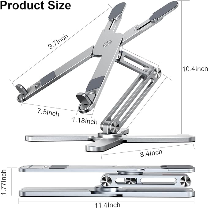 LIENS Adjustable Laptop Stand with 360 Rotating Base, Aluminum Laptop Riser for Desk Foldable, Ergonomic Notebook Stand Holder Compatible with iPad and MacBook/All Laptops up to 16 inches - Silver