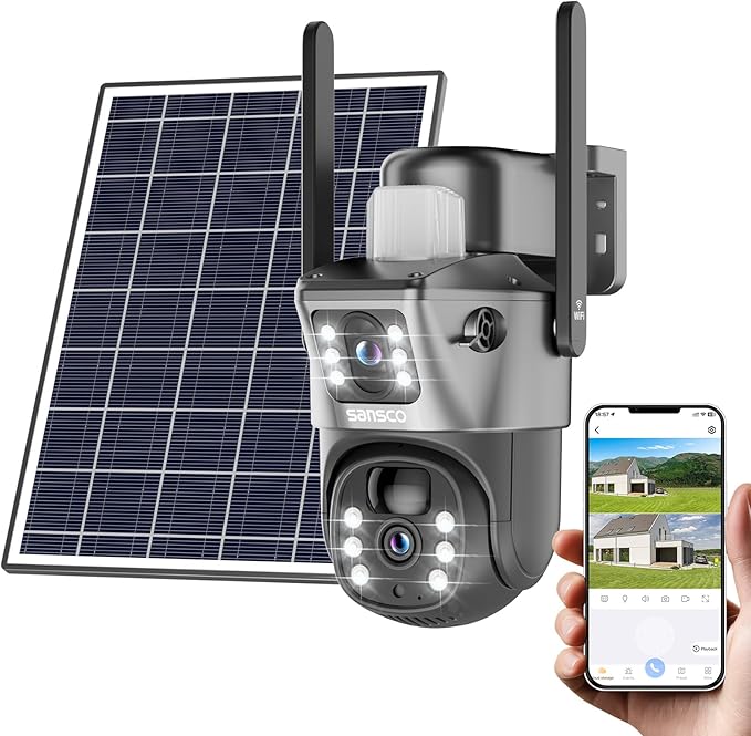SANSCO 2K Dual Lens Solar Security Camera Wireless Outdoor, No Wires Needed, 2.4G & 5G WiFi, 360° PTZ Home Security Camera, Spotlight Color Night Vision, 2-Way Audio, PIR Motion Detection, APP Alerts